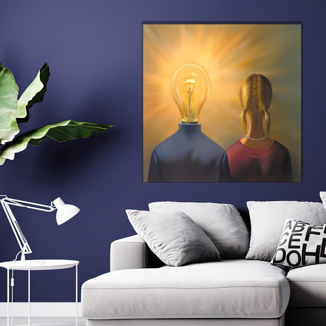 Glowing Lightbulb Head Surrealist Figure Painting Art Poster