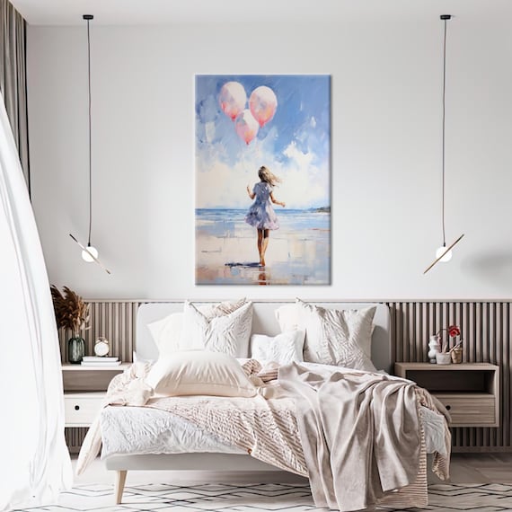 Little Girl Pink Balloons Running On Beach Watercolor Canvas Print