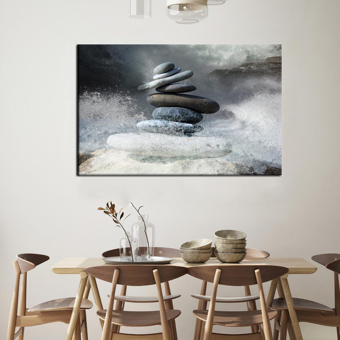 Zen Rock Balancing Cairn Stack Ocean Waves Calm Meditation Art Poster