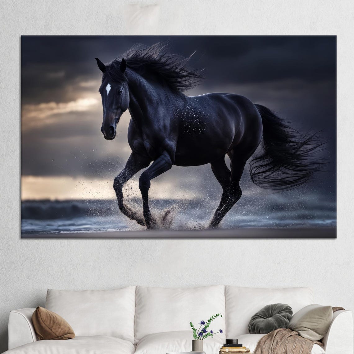 Black Horse Galloping Ocean Waves Dramatic Equine Art Poster