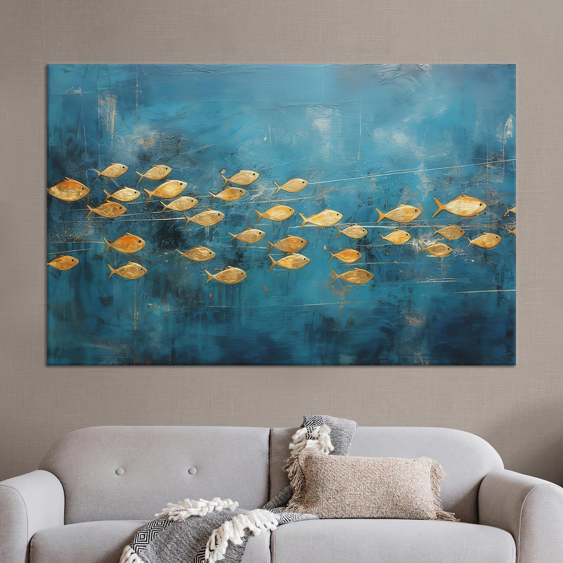 Golden Fish School Blue Ocean Abstract Painting Wall Decor Poster