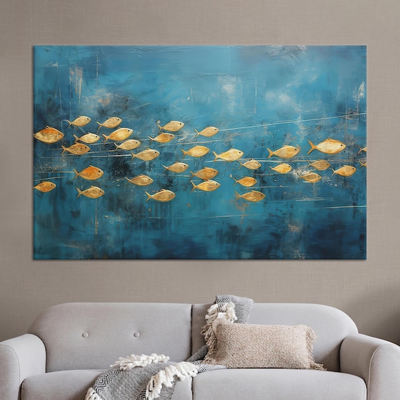 Golden Fish School Blue Ocean Abstract Painting Wall Decor Poster