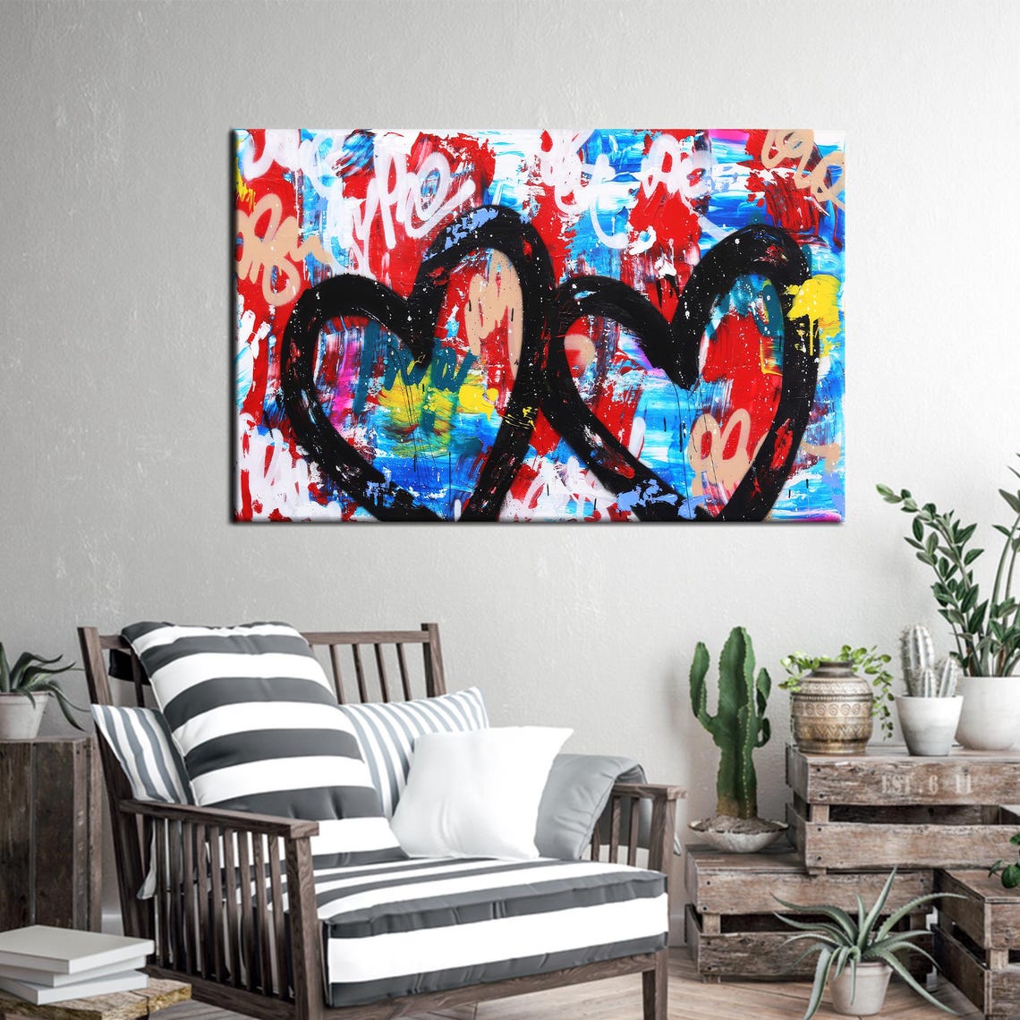 Interlocked Hearts Graffiti Art Poster Bold Red Blue Love Canvas