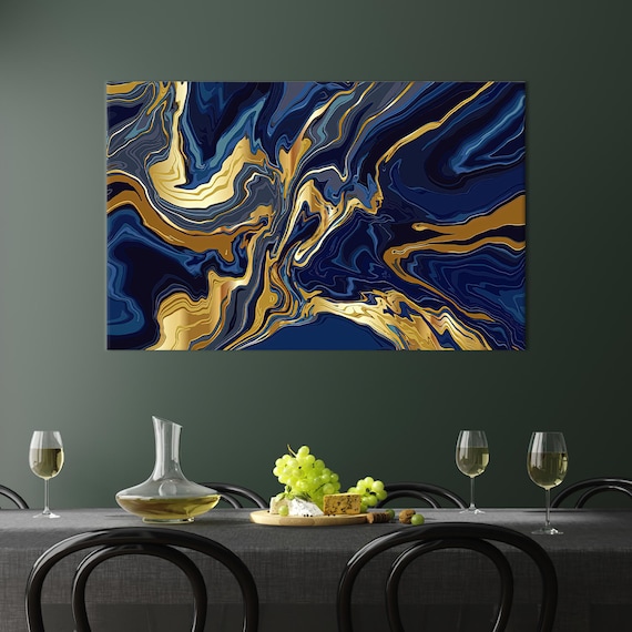 Navy Blue Gold Marble Abstract Art Modern Luxury Fluid Swirl Print