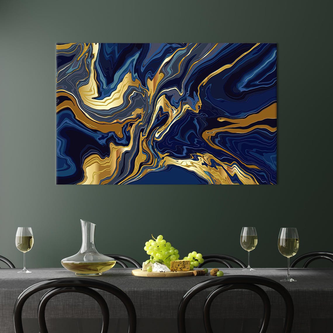Navy Blue Gold Marble Abstract Art Modern Luxury Fluid Swirl Print