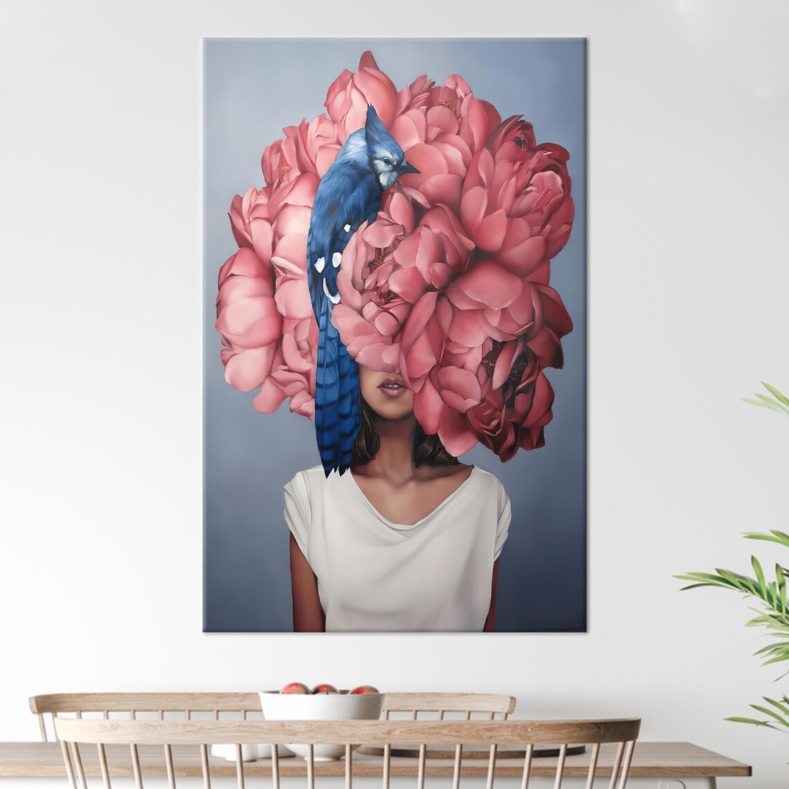 Floral Woman Art Print, Pink Peonies Blue Jay