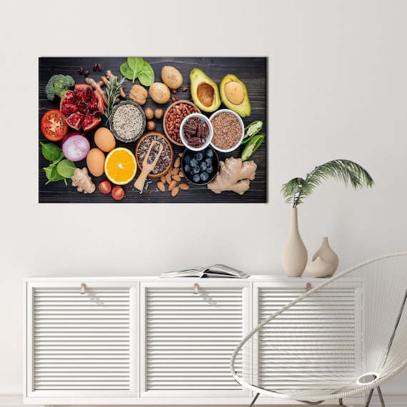 Colorful Fruits Vegetables Nuts Grains Flat Lay Kitchen Art Poster