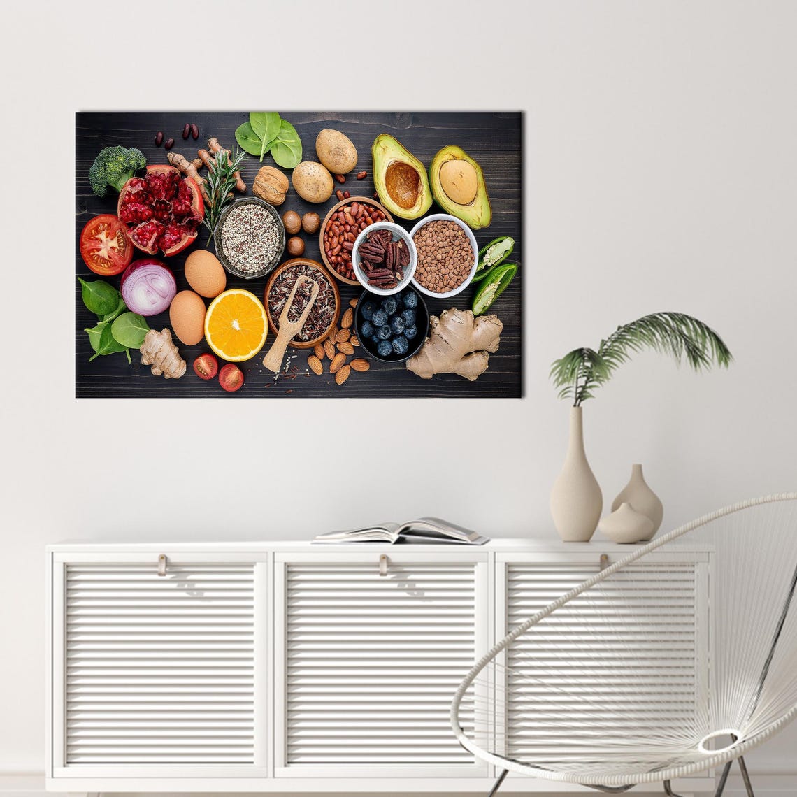 Colorful Fruits Vegetables Nuts Grains Flat Lay Kitchen Art Poster