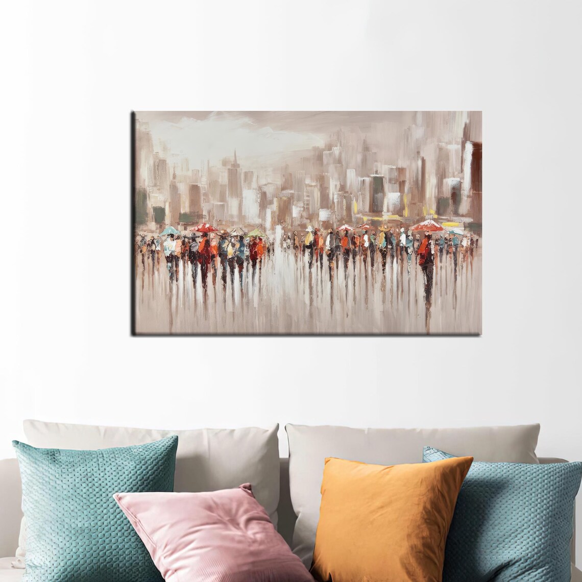 Cityscape Canvas Art People With Umbrellas Modern Office Decor