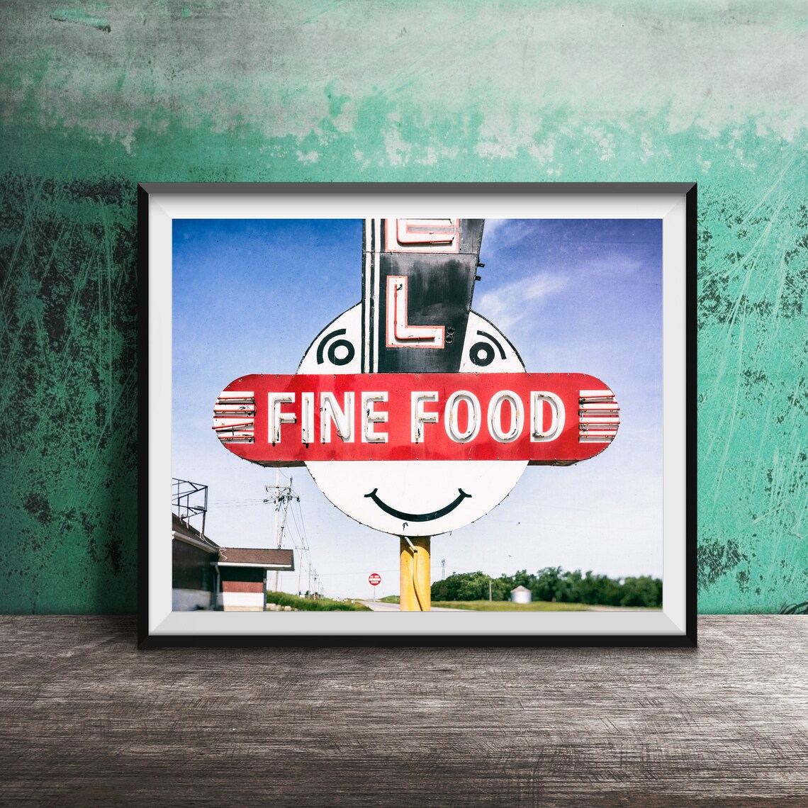 Fine Food Smiley Face Roadside Neon Sign Retro Photography Poster