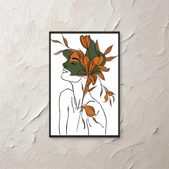 Boho Woman Line Art Wall Minimalist Floral Face Illustration Abstract Botanical Drawing Poster Instant Png File