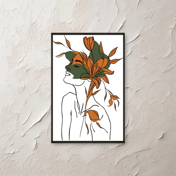 Boho Woman Profile Line Art Orange Lily Flowers Minimalist Wall Art