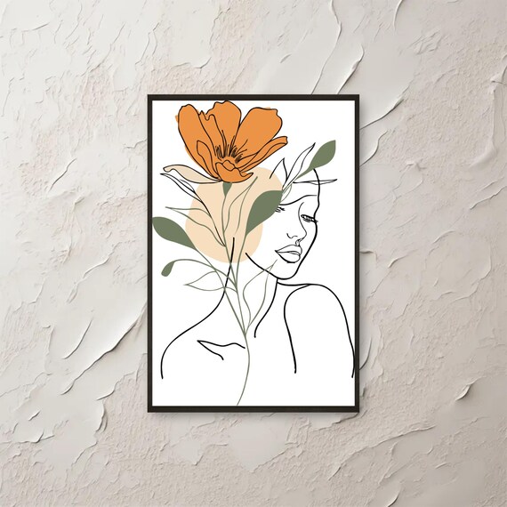 Boho Line Art Woman Wall Minimalist Floral Face Poster Modern Abstract Botanical Print Instant Png File
