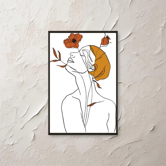 Abstract Woman Line Art Wall Minimalist Boho Floral Face Poster Modern Botanical Drawing Print Instant Png File
