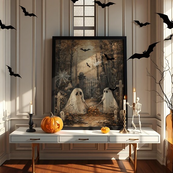 Ghosts Raking Leaves Art Print Whimsical Halloween Wall Decor Cozy Spooky Autumn Cemetery Artwork Png