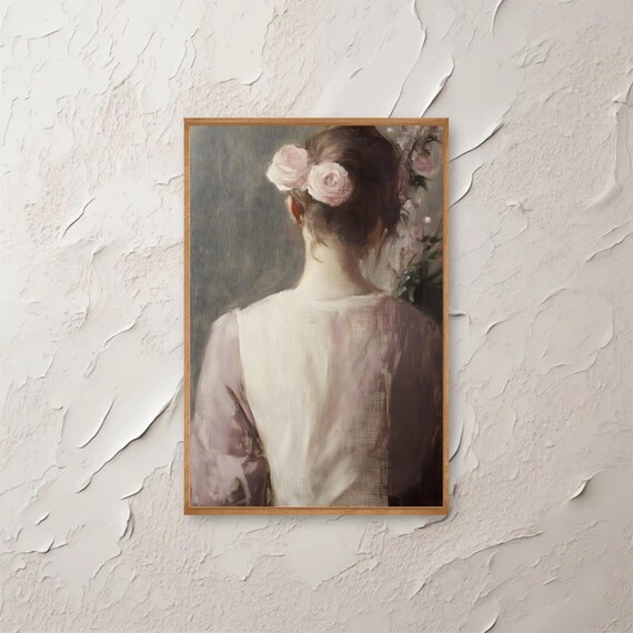 Woman From Behind Pink Roses In Hair Vintage Painting Poster
