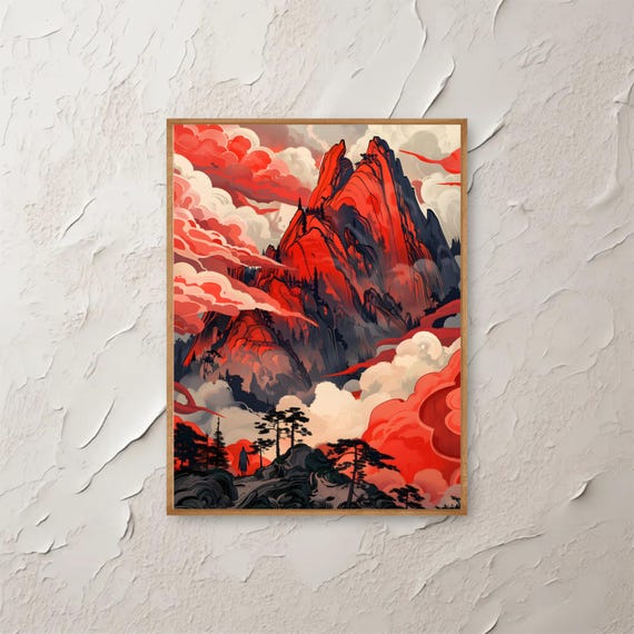 Fantasy Mountain Wall Art Red Cloud Landscape Painting Dramatic Nature Poster Surreal Adventure Artwork Print Instant