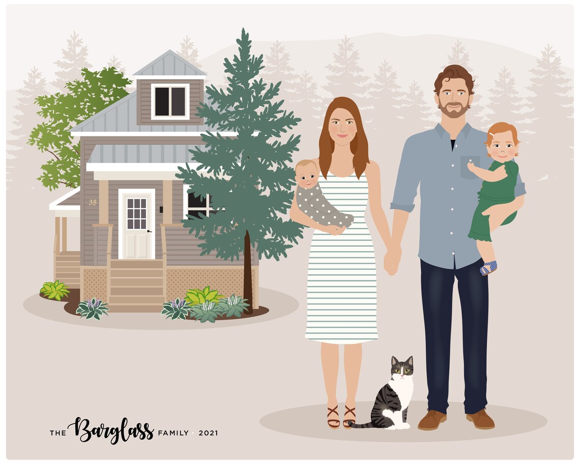 Family Drawing With House, Valentine's Gift For Him Art Print - Image 4