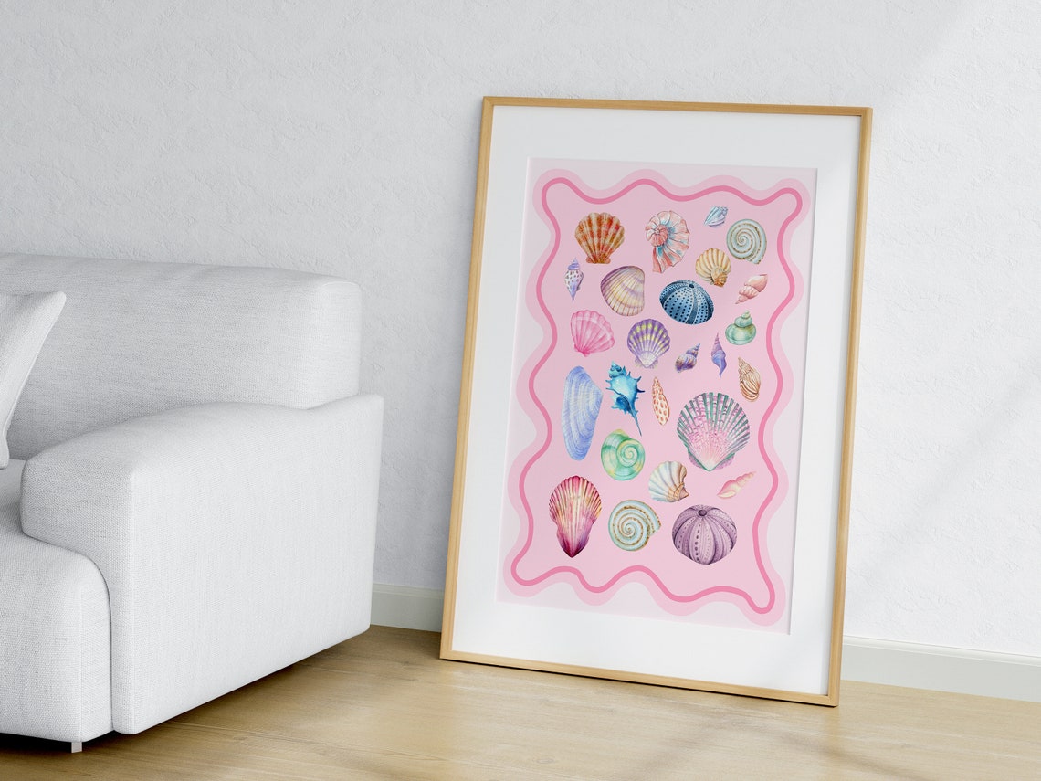 Pink Watercolor Seashell Collage Coastal Beach House Decor Poster - Image 3