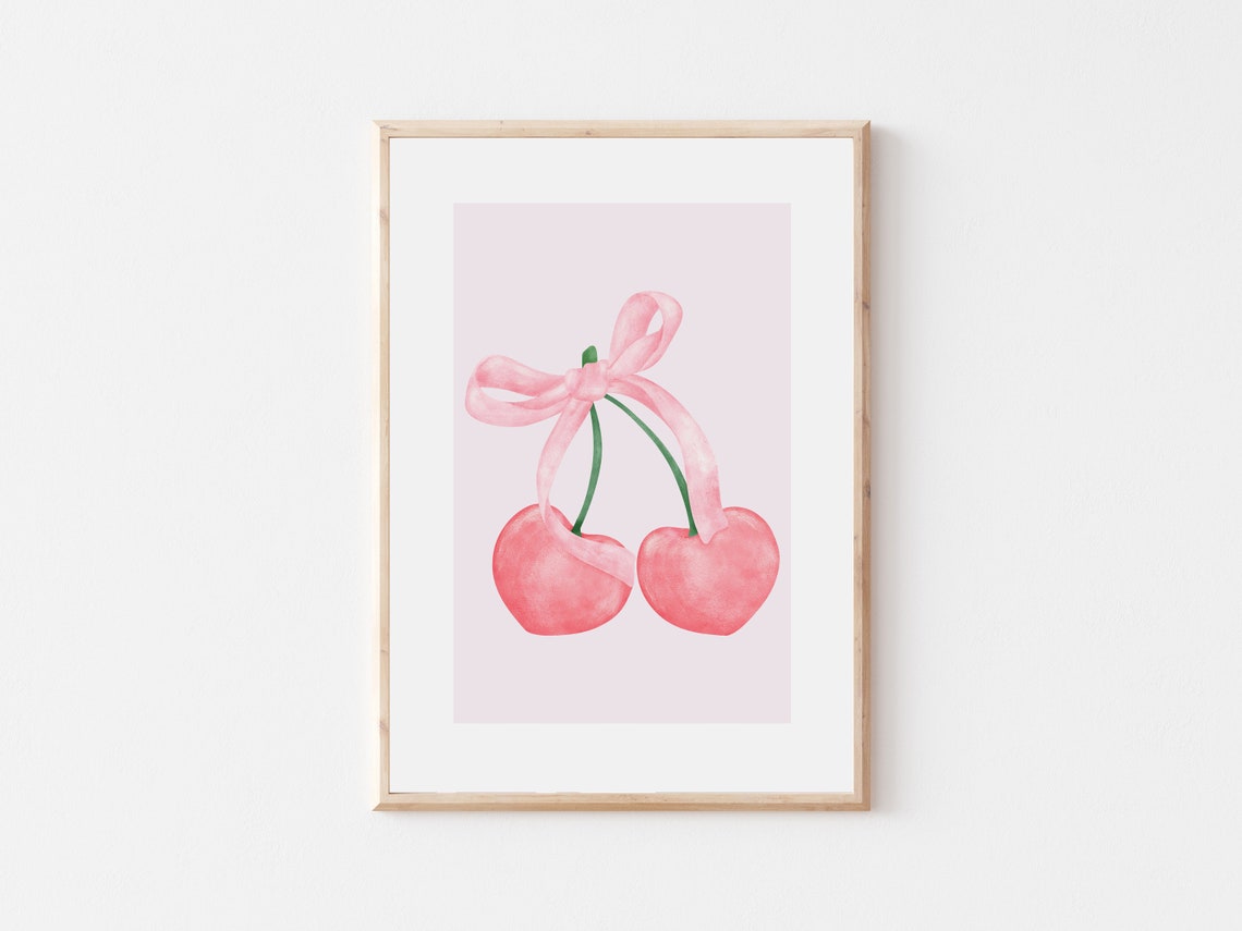 Pink Watercolor Cherries With Bow Coquette Girly Bedroom Decor Poster - Image 3