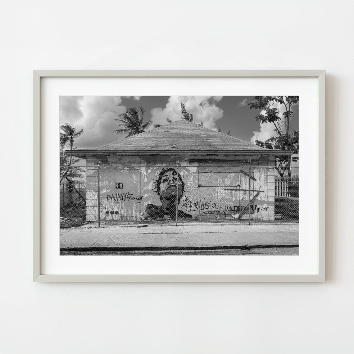 Abandoned Graffiti Building Palm Trees Black And White Photo Poster