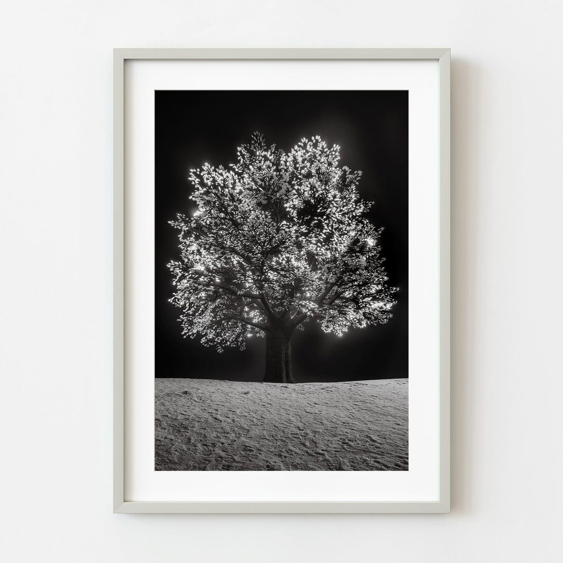 Glowing Tree Snowy Night Black And White Winter Photo Poster
