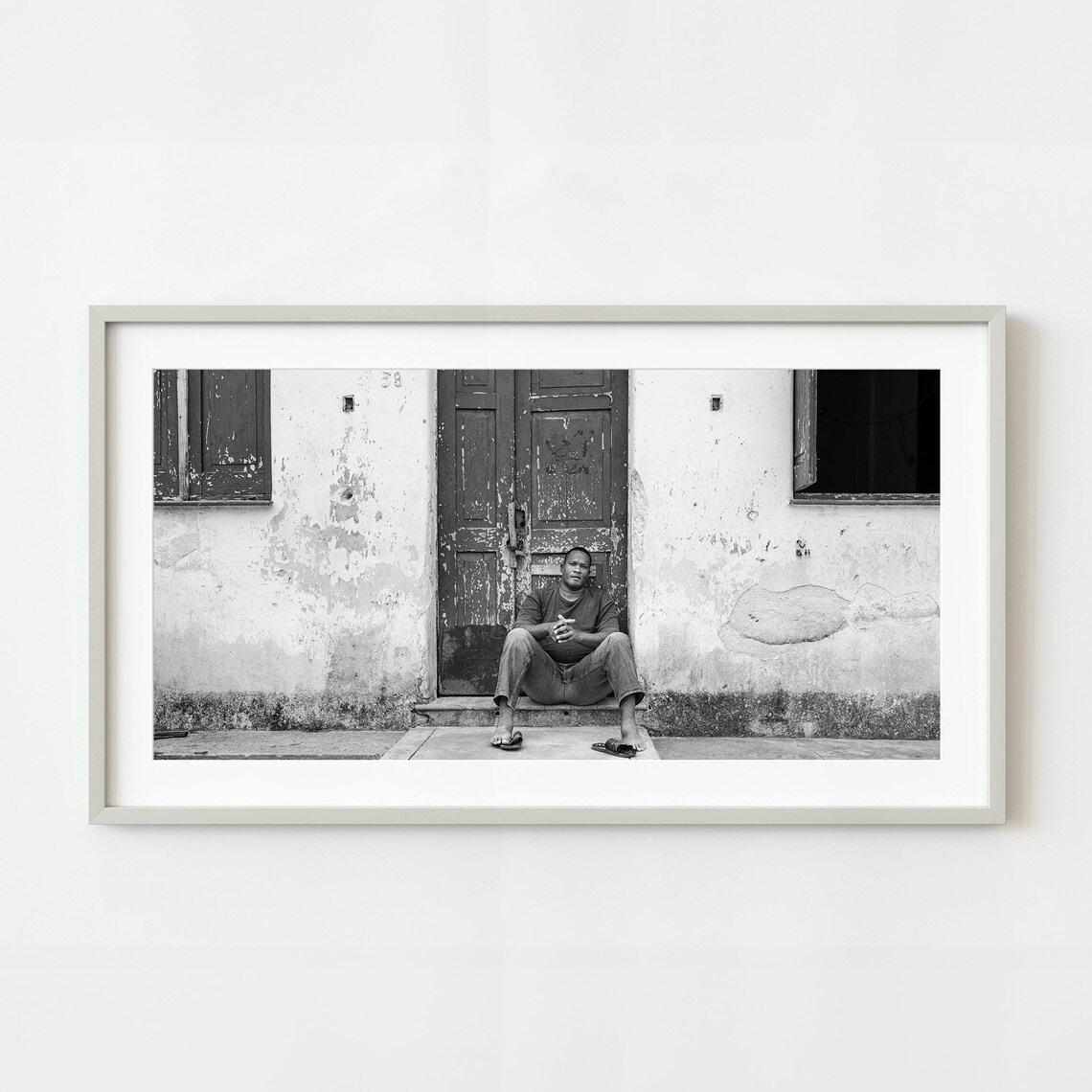 Man Sitting On Doorstep Black And White Street Photography Poster