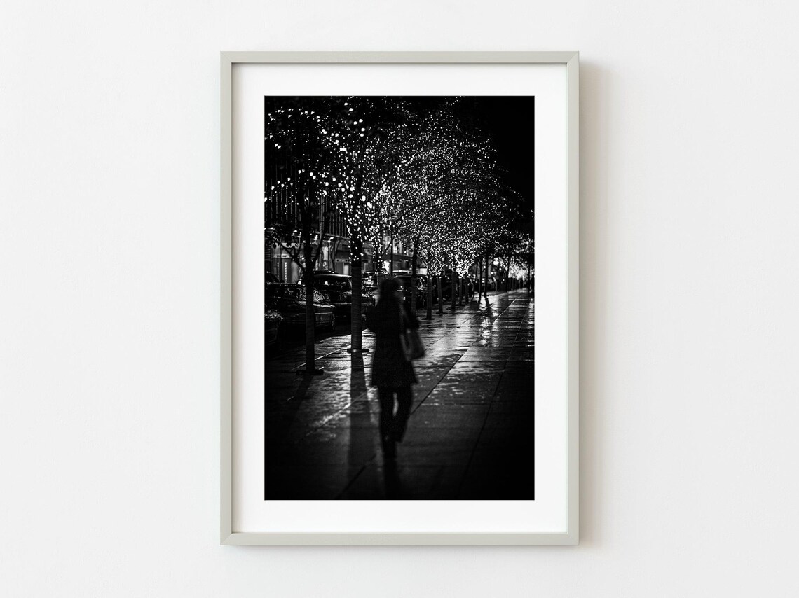 Lonely Woman Walking Under City Lights Night Street Photo Poster
