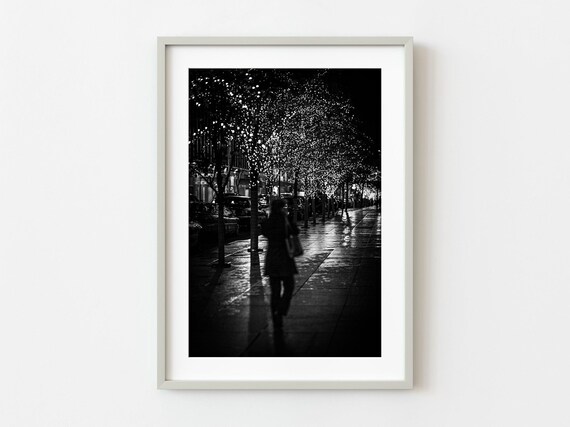 Lonely Woman Walking Under City Lights Night Street Photo Poster