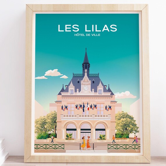 Les Lilas Poster City Hall Illustration Seinesaintdenis Wall Art Ledefrance Multiple Sizes