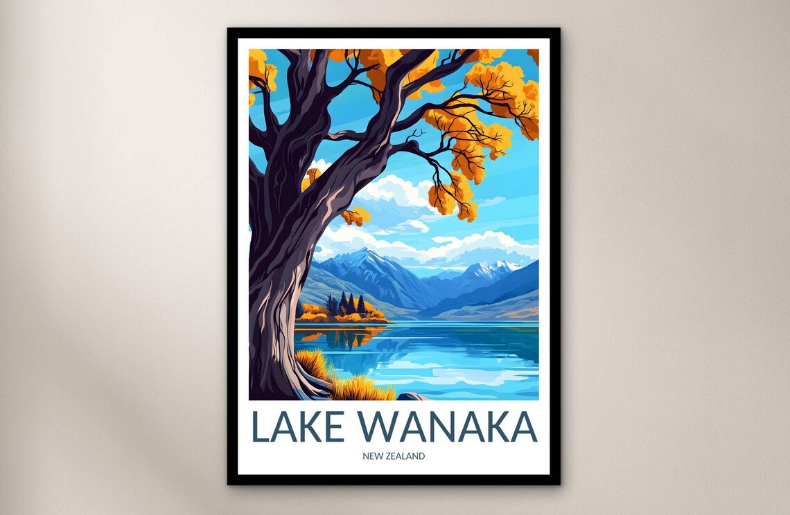 Lake Wanaka New Zealand Golden Autumn Tree Mountain Travel Poster