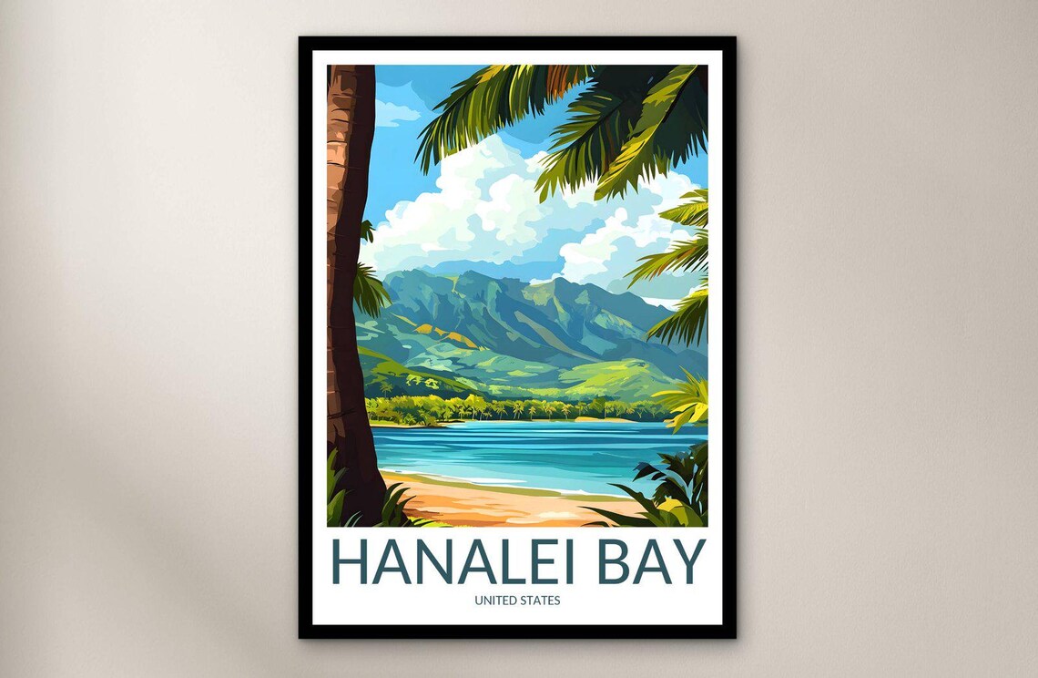 Hanalei Bay Hawaii Palm Framed Beach Mountain Coast Travel Poster