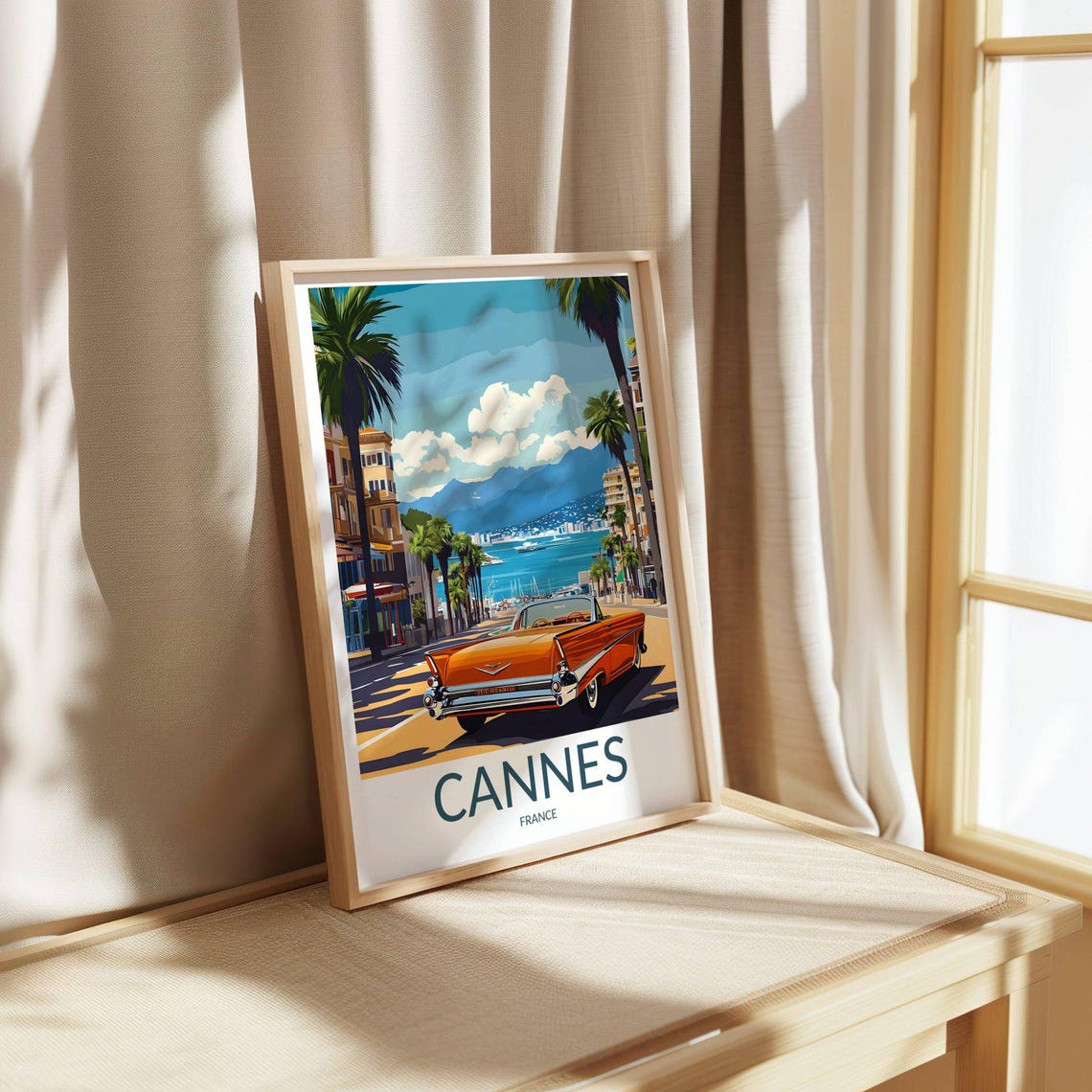 Cannes France Vintage Orange Convertible Seaside Travel Poster - Image 3
