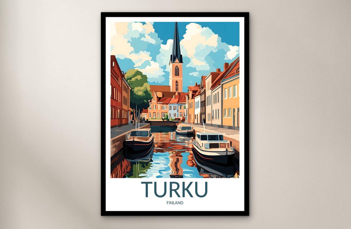 Turku Finland Charming Summer River Boats Old Town Travel Poster