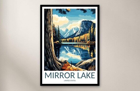 Mirror Lake Yosemite Granite Cliff Reflection Pine Forest Scenic Vintage Travel Poster