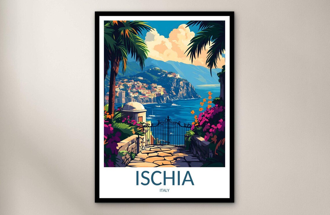 Ischia Italy Garden Gate View Over Bay and Cliffs Travel Poster