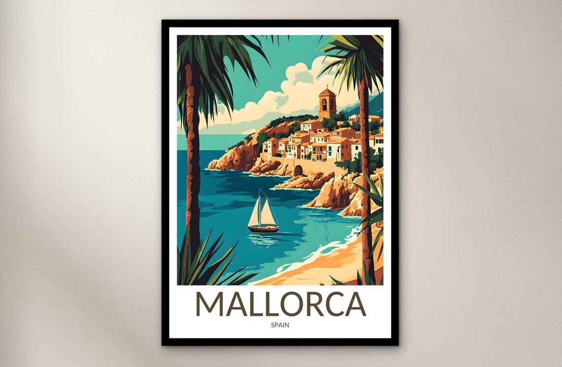Mallorca Coastal Village Palms Sailboat Vintage Travel Poster