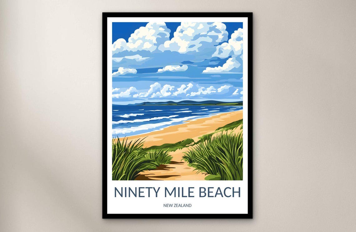 Ninety Mile Beach New Zealand Sand Dunes Surf Vintage Travel Poster