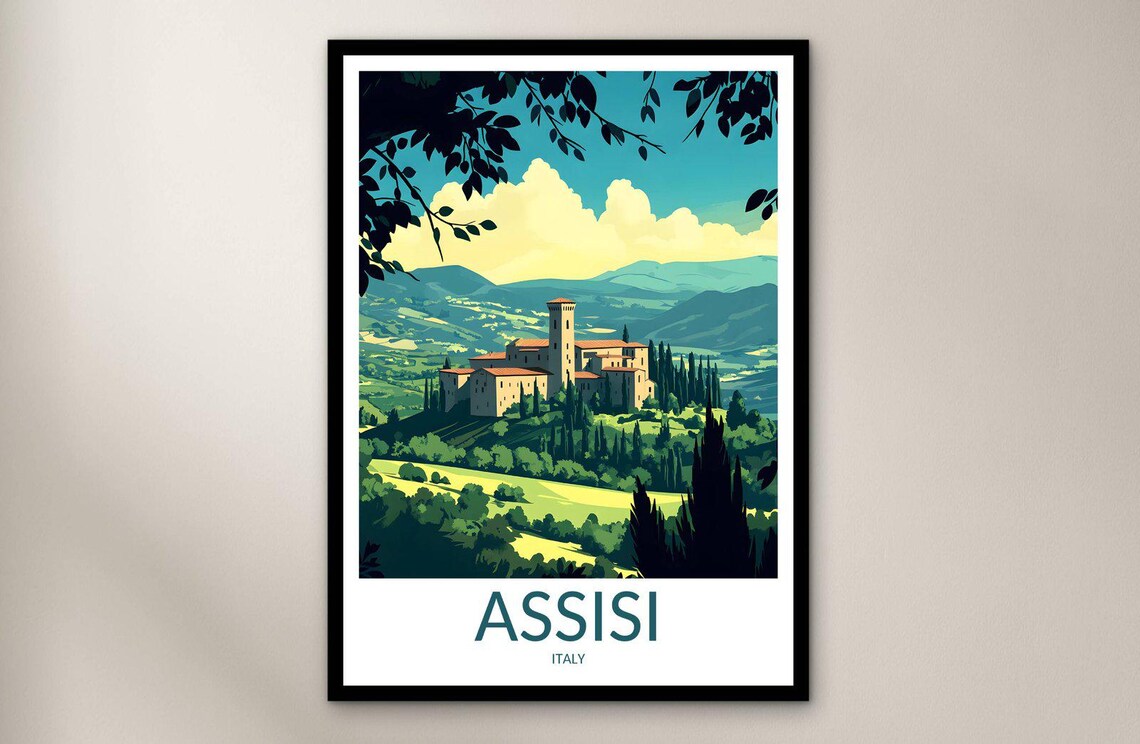 Assisi Italy Hilltop Umbrian Town Cypress Valley Travel Poster