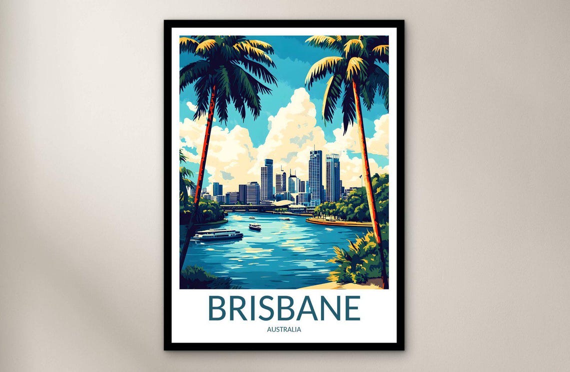 Brisbane Australia River City Skyline Palm Trees Scenic Poster