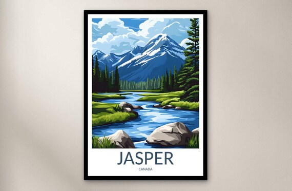 Jasper Canada Mountain River Valley Evergreen Pines Travel Poster