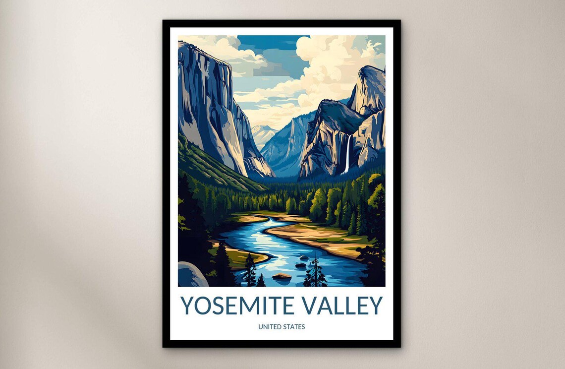 Yosemite Valley California River Granite Cliffs Scenic Travel Poster