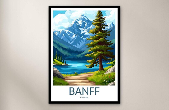 Banff Canada Alpine Lake Pine Trail Scenic Mountain Vintage Travel Poster