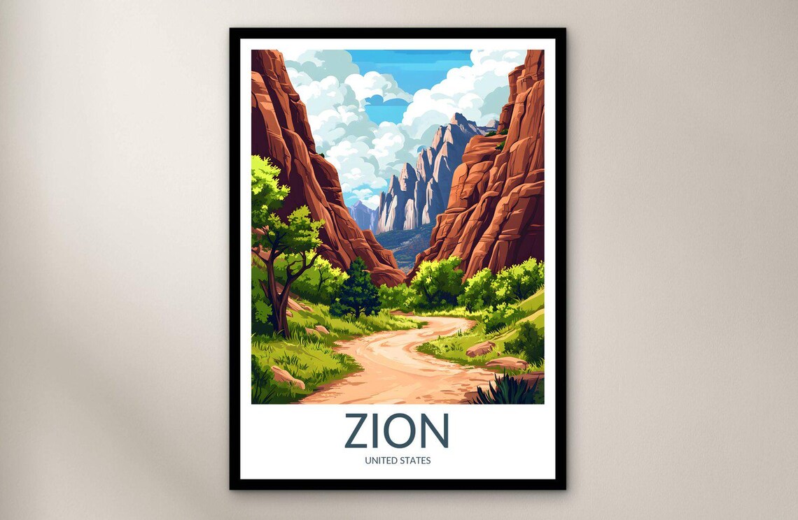 Zion United States Red Rock Canyon Trail Vintage Travel Poster