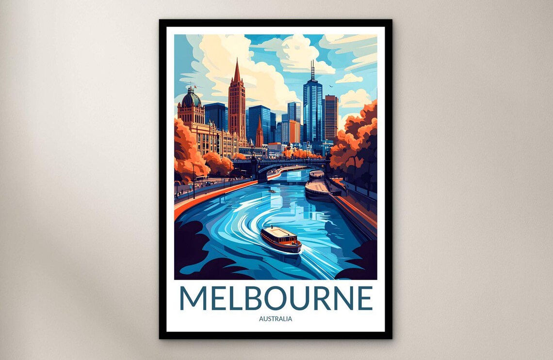 Melbourne Australia Autumn River City Skyline Vintage Travel Poster