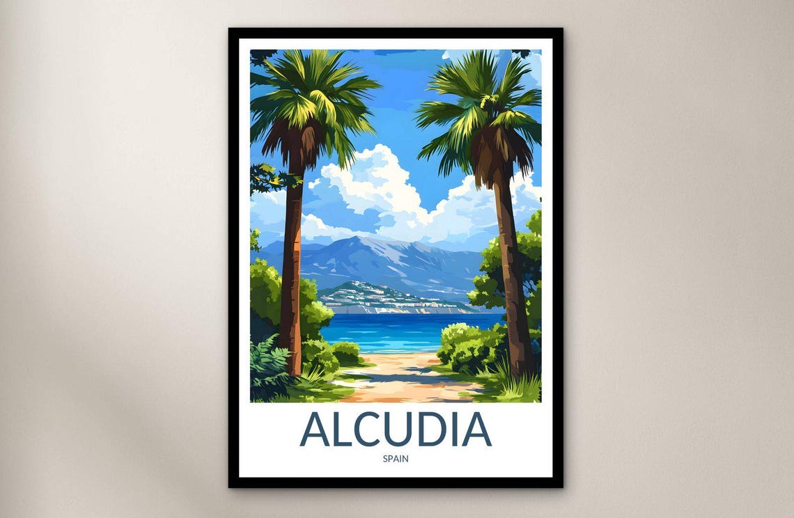 Alcudia Mallorca Spain Palm Trees Beach Bay Scenic Travel Poster