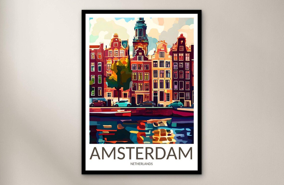 Amsterdam Netherlands Historic Canal Houses Tower Travel Poster