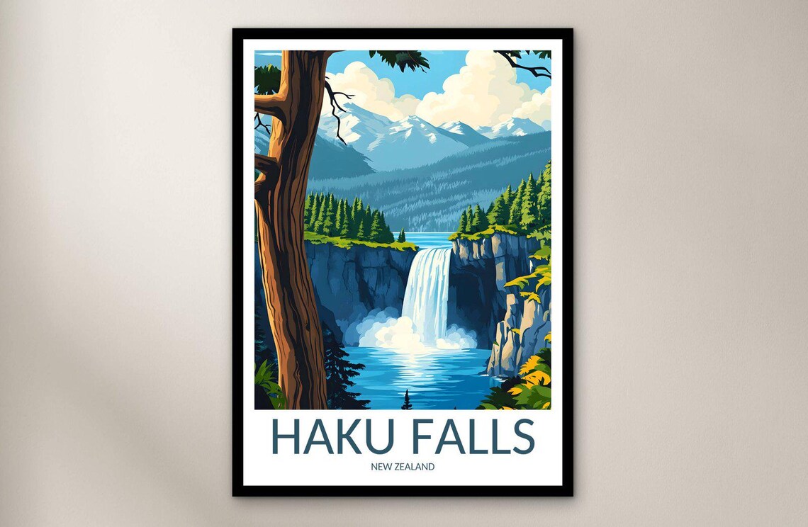 Haku Falls New Zealand Waterfall Cliff Forest Mountain Poster