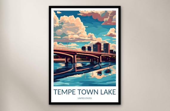Tempe Town Lake Arizona Bridge Reflection Skyline Travel Poster
