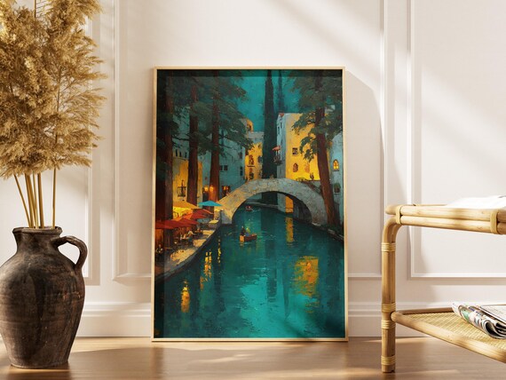 San Antonio Riverwalk Night Bridge Teal Water Texas City Art Print